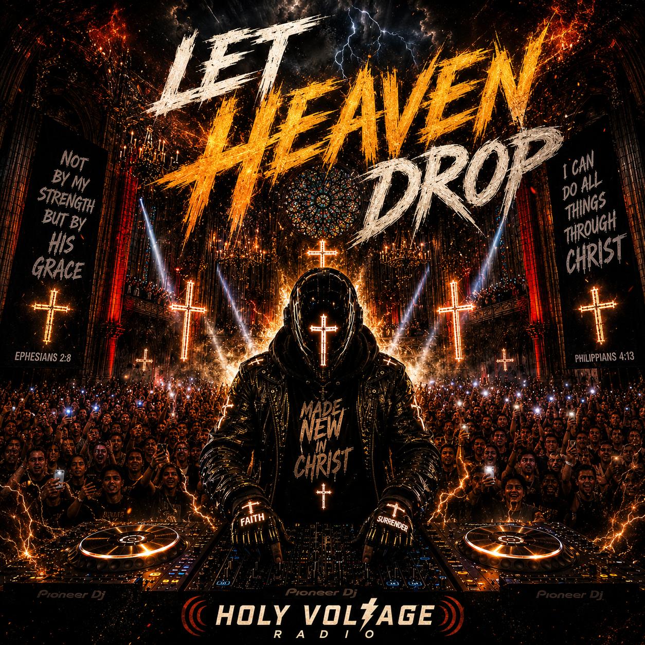 Let Heaven Drop single cover by Holy Voltage Radio: Christian EDM DJ in a cathedral crowd under fiery text