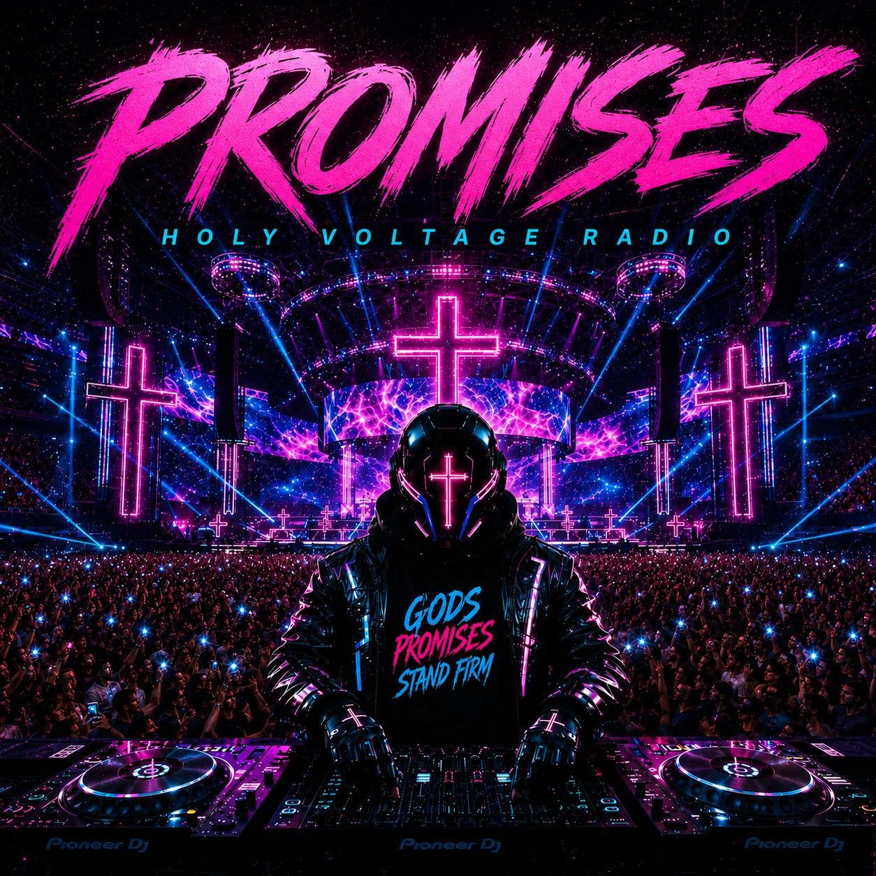 Promises cover art by Holy Voltage Radio with pink neon title, crosses, worship crowd, and DJ helmet